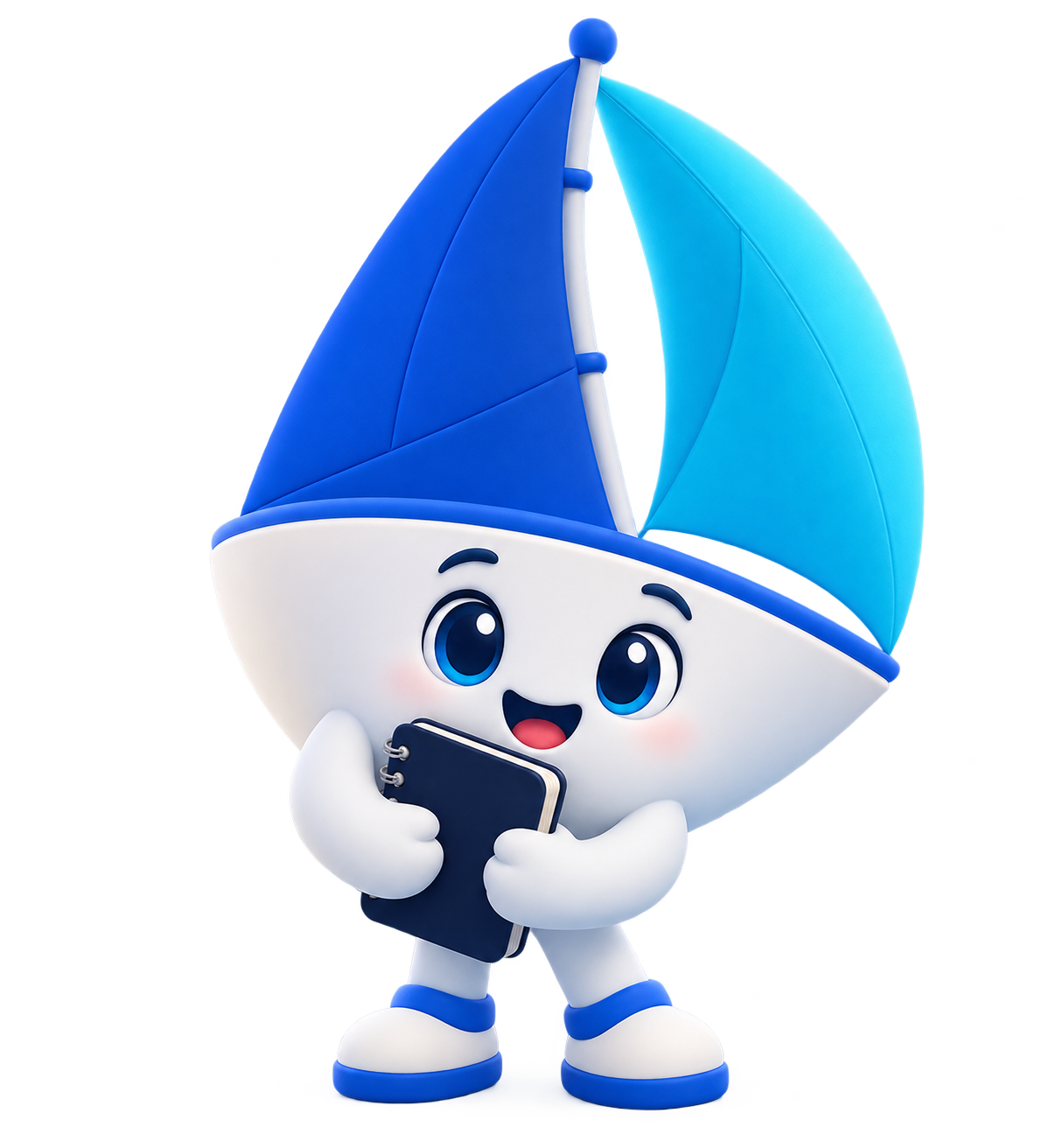 A friendly Blue Spinnaker sailboat character holding a notebook